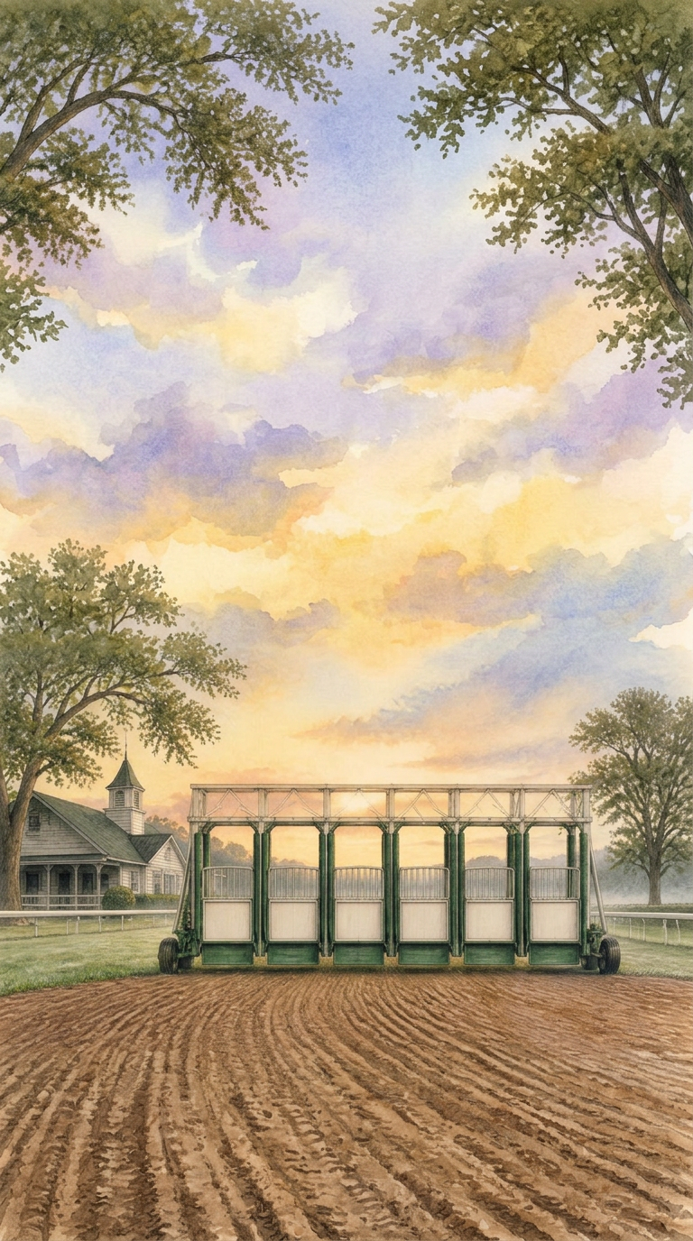 Watercolour illustration of a racetrack starting gate with a stable barn beyond